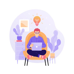 Wall Mural - work remotely concept. vector cartoon illustration of a young man sitting in a chair with a laptop a
