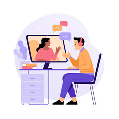 Fototapete - Online job interview concept. Vector illustration in a modern flat style of a young man in headphones who communicates with a female colleague via video call on a computer. Isolated on white