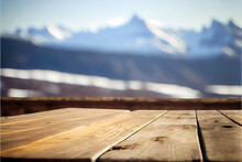 Mountains Background With Empty Wooden Table For Product Display, Snowy Montains Landscape Blurred Background, Copy Space