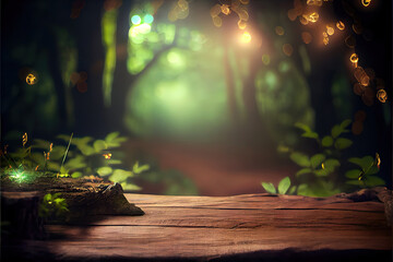 Wall Mural - magical fantasy forest background with empty wooden table for product display, blurred bokeh lights, fireflies, copy space