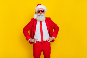 Poster - Photo of successful serious aged person put hands waist wear elegant outfit isolated on yellow color background