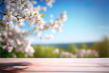 Wall Mural - blossoming sakura cherry tree background with empty wooden table for product display, spring nature blurred background, copy space