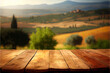 beautiful tuscany background with empty wooden table for product display, landscape background, copy space