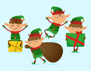 Wall Mural - Christmas elves - Santa's little helpers  in cartoon style. Merry Christmas and happy new year. Funny characters in Santa's workshop.