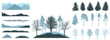 Design Elements Of Winter Forest Trees. Constructor Of Landscape. Silhouettes Of Beautiful Spruces, Pines, Bare Trees, Hill. Creation Of Beautiful Forest Or Park. Vector Illustration