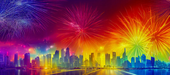 Wall Mural - panorama greating card fireworks in the city , generative ai art illustration