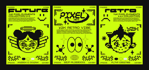 Wall Mural - pixel art poster, y2k trendy elements. acid set of abstract geometric design elements with retro gir
