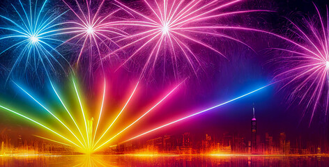 Wall Mural - panorama greating card fireworks in the city , generative ai art illustration
