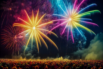 Wall Mural - fireworks in the city with people , generative ai art illustration