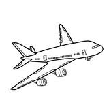 Fototapeta  - Outline of Airplane icon taking off in the blue sky with clouds background. Airplane in sky concept. coloring book. vector illustration on white blackground