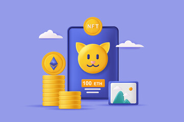 Wall Mural - nft non fungible token concept 3d illustration. icon composition with crypto coins, collectibles art