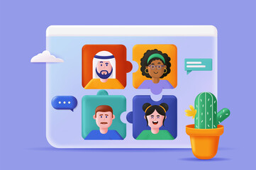 Wall Mural - teamwork concept 3d illustration. icon composition with multiracial group of employees in video conf