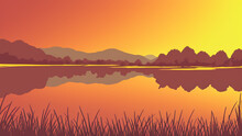 Illustration Style, Beautiful, Dreamy Landscape With Golden Fields And A Peaceful Lake
