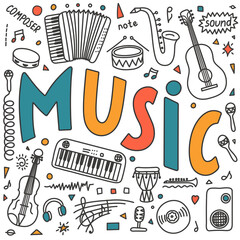 Wall Mural - Music. School subjects. Hand drawn doodles and lettering on white background. Education vector illustration.