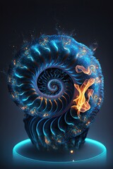 Wall Mural - Blue spiral shell made of fractals and fire, abstract, Generative AI