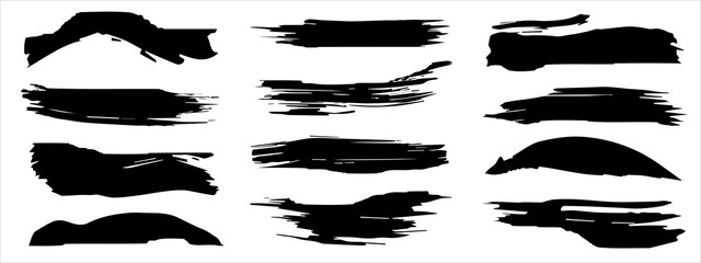 Wall Mural - Vector collection of artistic grungy black paint hand made creative brush stroke set isolated on banner background. A group of abstract grunge sketches for design education or graphic art decoration