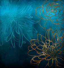 Wall Mural - abstract pattern of flowers with gold on turquoise grunge of a texture background