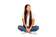 © Asier - Young asian woman sitting on the floor cutout isolated relaxed and happy laughing, neck stretched showing teeth.
