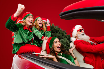 Wall Mural - Photo of x-mas delivery people ride car deliver tree gifts rejoice wear costume isolated white color background