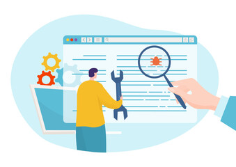 Code review at screen technology, vector illustration, flat man character work with computer interface program, digital developing at laptop.