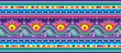 Pakistani and Indian floral truck art vector seamless long horizontal pattern, Indian Diwali traditional floral design with flowers, leaves and abstract shapes in blue and purple
 
