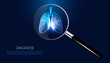 Abstract, magnifying glass and lungs. Lung disease concept. Causes of disease. Search for disease. Tuberculosis. Lung cancer. On blue and black background. Modern futurism.