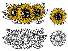 Vector Set Of Sunflowers Decor. Sunflowers Outline Style Hand Drawn Graphic Illustration Isolated On White Background For Print Or Design.