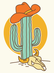 Wall Mural - Cowboy hat on cactus. Vector hand drawn wild west colors illustration with cowboy hat and cow skull on American desert sunset for print.