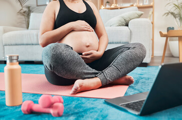 Wall Mural - Laptop, pregnant woman and yoga or pilates in living room, motivation for fitness and health from home. Exercise, wellness and zen, online yoga class for woman during pregnancy, safe workout to relax