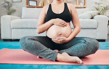 Poster - Woman, pregnant and holding stomach, yoga and pilates exercise on the floor, living room and home. Mother, pregnancy or fitness training, wellness workout or calm meditation for healthy body in house