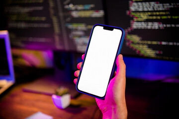 Photo of programmer arms hands coding shopping order service app modern device empty space indoors workplace workshop home
