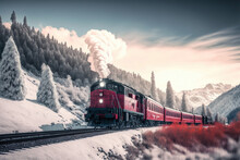 Generative AI : A Red Colored Train Passing Through Snow-covered Alps In Switzerland	
