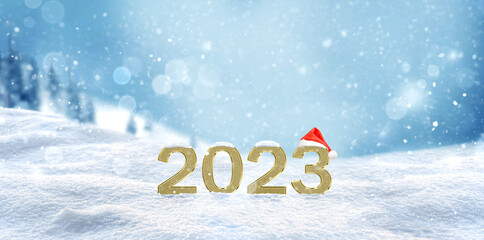 New Year background with golden numbers 2023 and Santa hat on beautiful new year snowy background