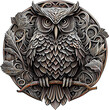 3d rendering of an owl on a metal badge without background