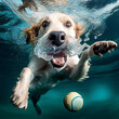 funny dog diving underwater catching a ball