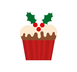 Wall Mural - christmas cake pudding with holly berries decoration icon. traditional christmas dessert cupcake.