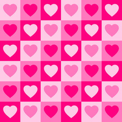 Sticker - Monochrome seamless pattern with hearts on a checkered background. Modern retro illustration for decoration. Aesthetic vector print in style 60s, 70s. Pink colors