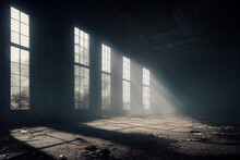 A Old Warehouse Interior. Muted Blue Tones. Abandoned Post War Construction. Rubble, Mist, Dirt And Debris. Warehouse Set 2