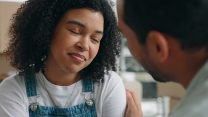 Wall Mural - Couple, love and smile for care, conversation or talking together in relationship relaxing at home. Happy woman and man smiling in communication, discussion or romance for comfort or bonding support