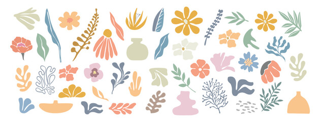 Wall Mural - Set of hand drawn shapes and floral design elements. Exotic jungle leaves, flowers and algae. Abstract contemporary modern vector illustrations in trendy danish pastel colors on white background. 