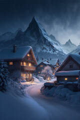 Wall Mural - Illustration of Swiss Alps village with Christmas lights at winter night with mountains at the background. AI generated