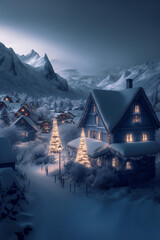 Wall Mural - Illustration of Swiss Alps village with Christmas lights at winter night with mountains at the background. AI generated