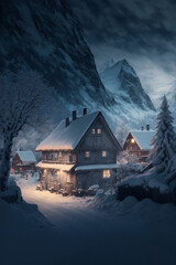 Wall Mural - Illustration of Swiss Alps village with Christmas lights at winter night with mountains at the background. AI generated