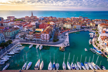 Wall Mural - Town of Grado colorful central channel harbor aerial sunset view