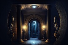 Black Room Interior In Ancient Egyptian Style, Gold Decor, Fantasy Interior. Ancient Egypt, Black Interior, Gold, Night Lights, Shadows. AI