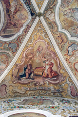 The Roman patrician Ivan and his wife lay all their treasures at the feet of the Virgin Mary, fresco in the parish church of Our Lady of the Snow in Kutina, Croatia
