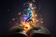 Vibrant music notes springing from an open book, symbolizing sound healing therapy, with elements of yoga and meditation for mental well-being and stress relief generative Ai 