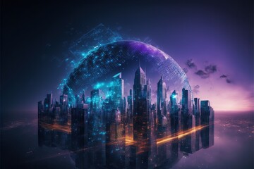 Fototapete - smart city at night, application development concept, smart city, Internet of things, smart life, information technology, gradient grid line Generative AI