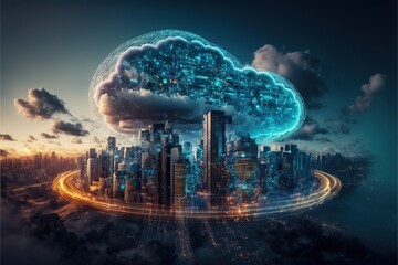 Fototapete - smart city at night, application development concept, smart city, Internet of things, smart life, information technology, gradient grid line Generative AI