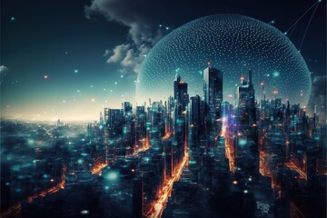 Fototapete - smart city at night, application development concept, smart city, Internet of things, smart life, information technology, gradient grid line Generative AI